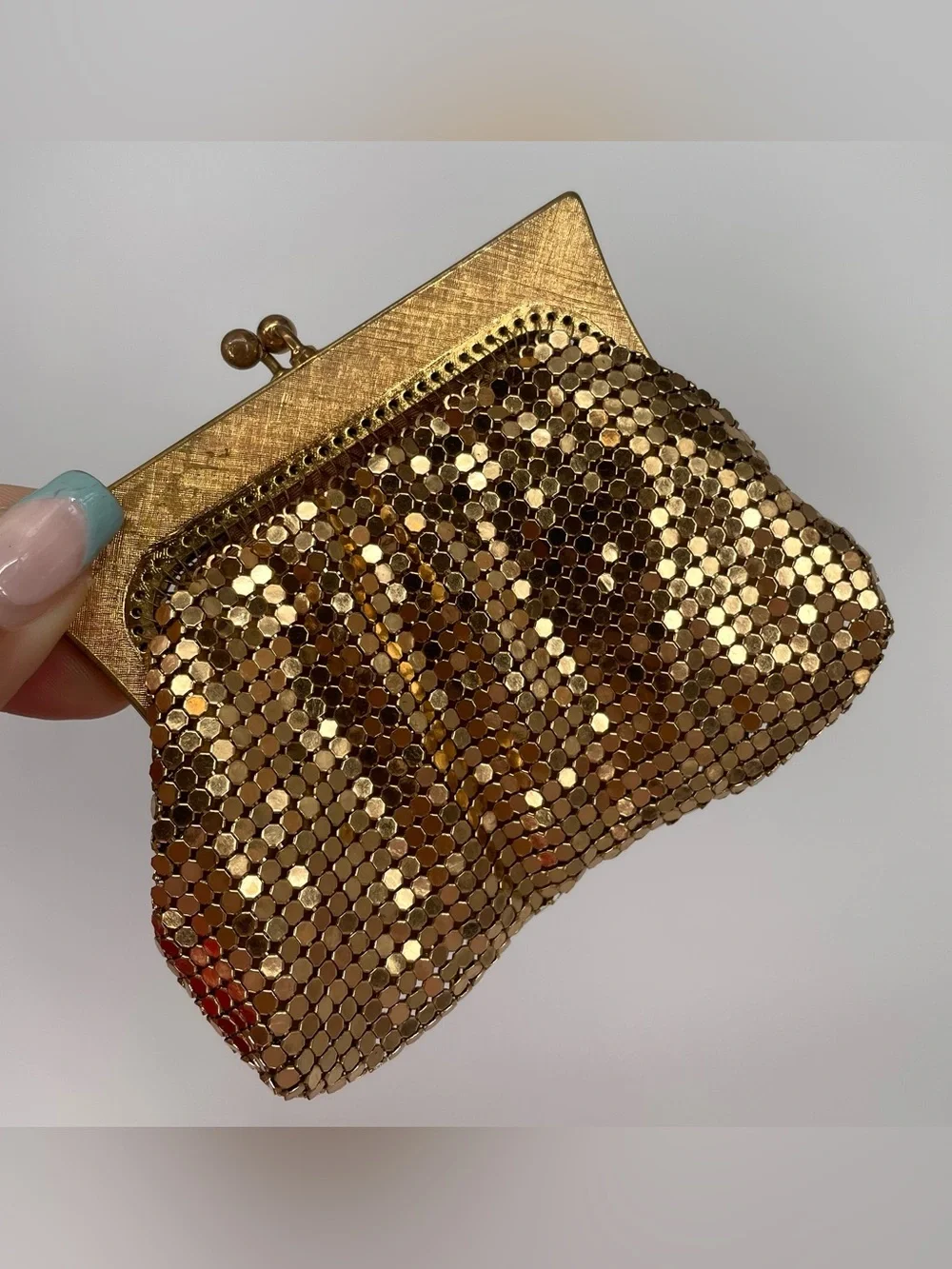 Vintage Shiny Gold Metal Mesh Chainmail Coin Purse Structured Metal Frame